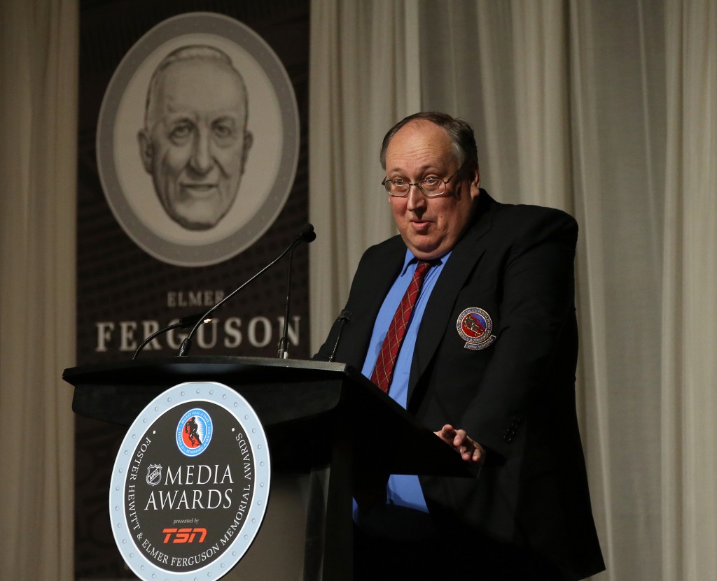 Kevin Allen 2014 Elmer Ferguson Memorial Award for excellence in hockey journalism speaks at the Hockey Hall of Fame. Photo by Dave Sandford/Hockey Hall of Fame