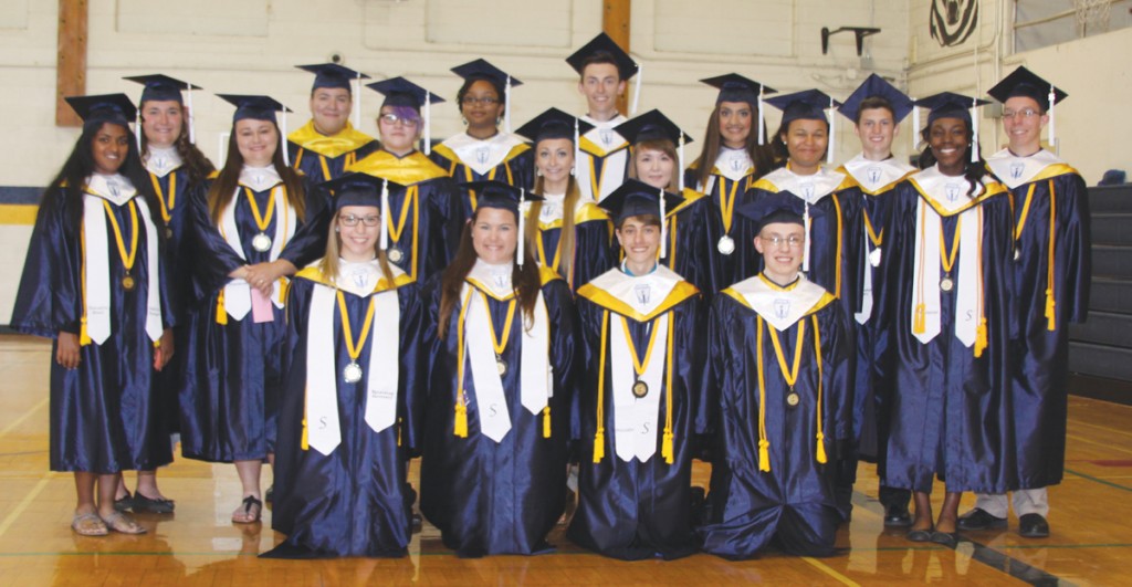 The Wayne Memorial Class of 2015 Valedictorians and Salutatorian, front row: Kaitlyn Kuder, Megan McCurry, Jordan Khalaf and Kyle Spurlock. Middle row: Rachel Cherian, Danialle Lynn, Tessa Leake, Michelle Johnson, Ashlyn Barnes, Victoria Boyd-Jennings and Janae’ Strickland.  Back row: Brittney Behlow, Vincent Morgan, Jessica Wallace, Tyler Harnos, Navreet Bhangu, Matthew Fischer and Drake Carpenter. Photo by John P. Rhaesa