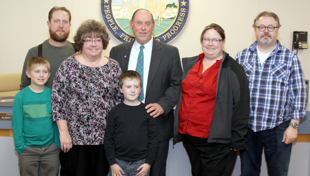 Albert’s family: Connor, David, Sue, Peter, Albert, Amy and Mike at his last meeting as councilman in the City of Wayne on November 4, 2015.