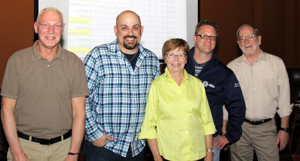 And the winners are... Councilman Anthony Miller, Councilman John Rhaesa, Mayor Susan Rowe, Councilman Christopher Sanders and Councilman Tom Porter at the Avenue Downtown Wayne after learning they had won seats on the City Council. Photo by Mike Londeau 