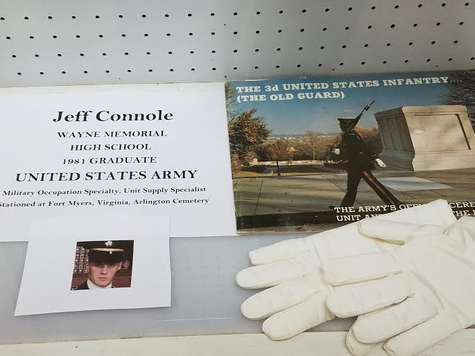 Jeff Connole has some of his military items in the display case from when he was a Supply Sergeant in the 1980s at the Tomb of the Unknown Soldier at the Wayne Historical Museum.  