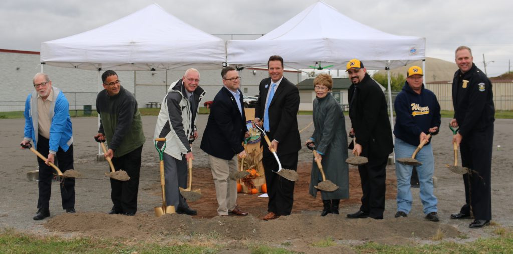 The City of Wayne officially broke ground today on the ball fields improvement project at Forest and Waltz. Pictured are Councilman Tom Porter,  DPW Assistant Director Ed Queen, Mayor Pro-Tem Anthony Miller, Councilman Chris Sanders, State Representative Robert Kosowski, Mayor Susan Rowe, Councilman John Rhaesa, Ray Lefler from the Wayne Baseball Association and Police Chief Alan Maciag. Photo by Natalie Rhaesa